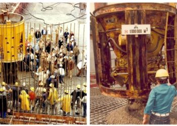À esquerda, lançamento da primeira caçamba de concreto; recordes foram registrados nos anos seguintes. Fotos: Arquivo Itaipu.
