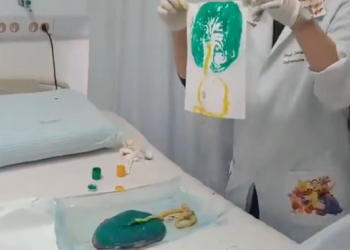 Nessa imagem, obtida de uma reprodução do Youtube, é possível ver a placenta pintada e confecção do carimbo