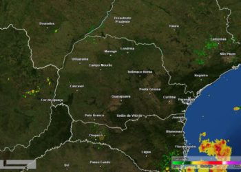 Imagem do radar meteorológico divulgada pelo Simepar. às 12 horas desta quarta-feira (09).