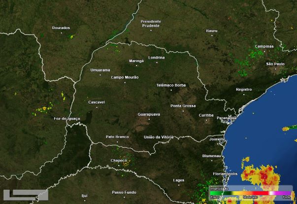 Imagem do radar meteorológico divulgada pelo Simepar. às 12 horas desta quarta-feira (09).