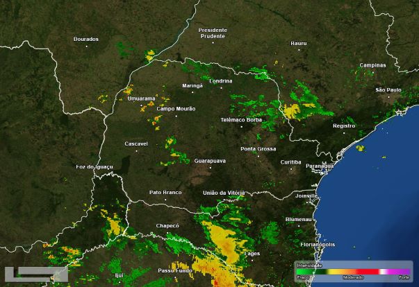 Imagem do radar meteorológico divulgada hoje (08) pelo Simepar.