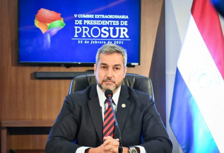 O presidente da República, Mario Abdo Benítez, acompanhará virtualmente a cúpula do Prosur. Foto: Agência IP/Divulgação