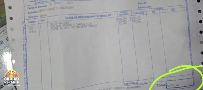 Nota fiscal que comprovou a fraude. Foto: Prefeitura de Ciudad del Este
