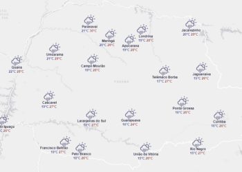 Mapa da previsão do tempo divulgado nesta quinta-feira pelo Simepar.