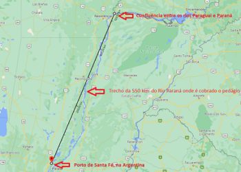 Trecho onde as embarcações têm de pagar pedágio para os argentinos. Ilustração: Google Maps