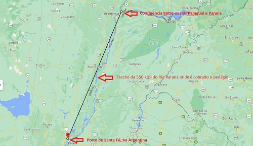 Trecho onde as embarcações têm de pagar pedágio para os argentinos. Ilustração: Google Maps