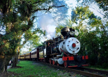 A Maria Fumaça, com capacidade para 148 passageiros, passa por pontes metálicas e outras três de grande porte. Foto: Diogo Seger Luciano