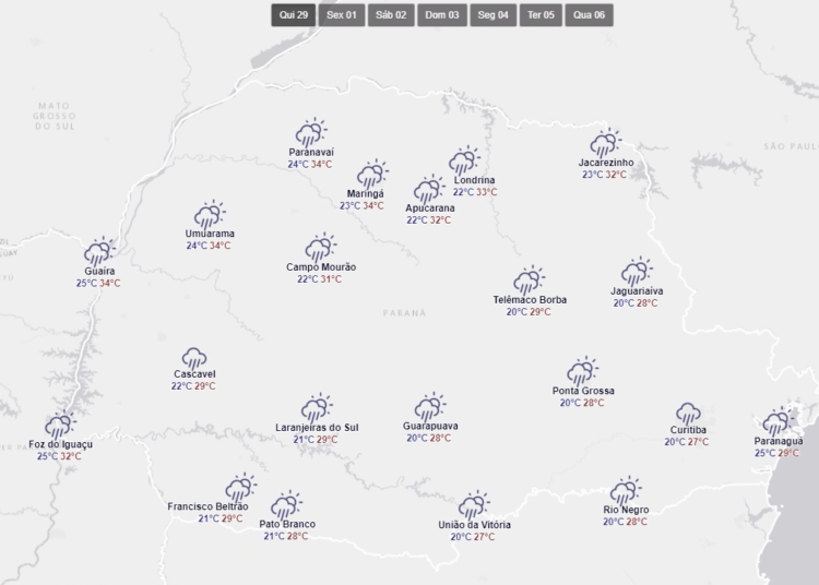 Gráfico mostra a previsão do tempo para todo o Paraná nesta sexta-feira.