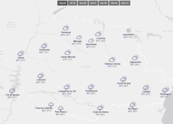 Gráfico mostra um panorama da previsão do tempo em todo o Paraná nesta segunda-feira. Ilustração: Simepar