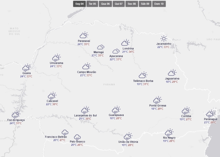 Gráfico mostra um panorama da previsão do tempo em todo o Paraná nesta segunda-feira. Ilustração: Simepar