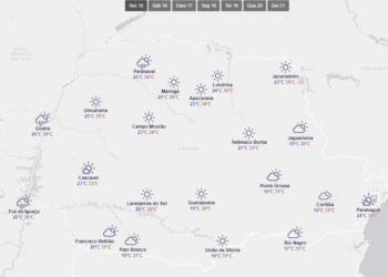 Panorama do tempo no Paraná, para esta sexta-feira, divulgado pelo Simepar