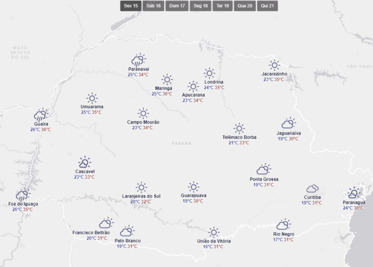 Panorama do tempo no Paraná, para esta sexta-feira, divulgado pelo Simepar
