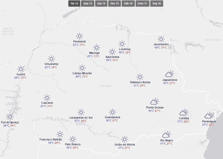 Panorama do tempo em todo o Paraná nesta terça-feira, segundo o Simepar