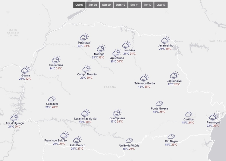 Panorama  do clima em todo do Paraná, nesta quinta-feira, 7 de março. Gráfico: Simepar