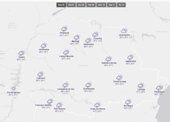 Gráfico do Simepar mostra a previsão do tempo em todo o Paraná, nesta quarta-feira (06)