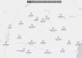 Panorama do tempo no Paraná nesta quinta-feira (14).