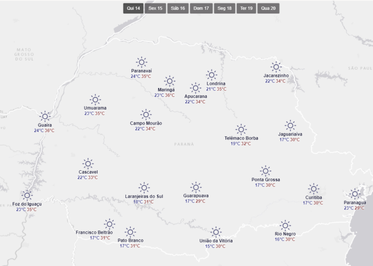 Panorama do tempo no Paraná nesta quinta-feira (14).