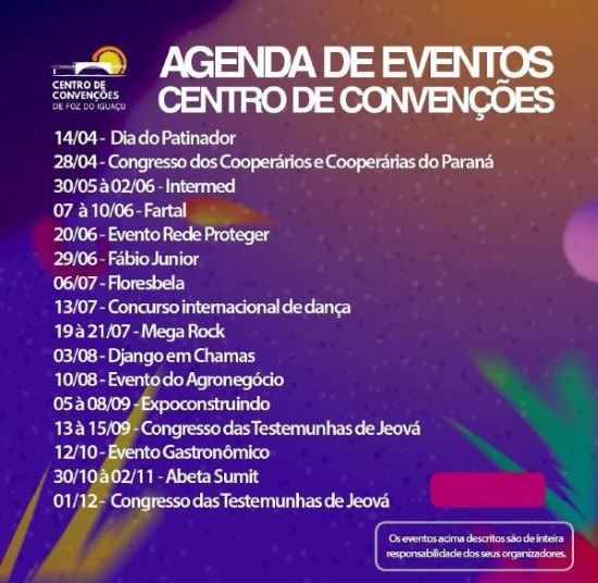 Calendário de eventos publicado pelo Centro de Convenções