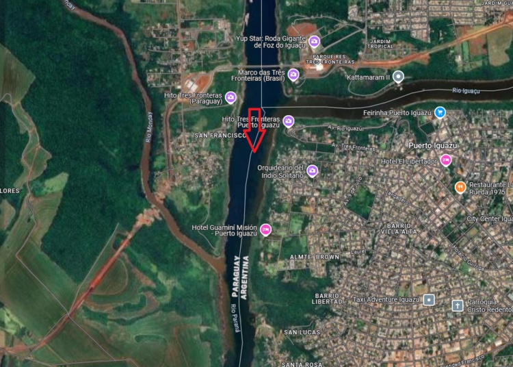 Trecho do Rio Paraná onde as águas são compartilhadas entre o Paraguai e a Argentina. Foto: Google