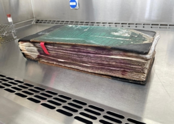 Após o processo de desinfecção, os livros serão encaminhados para digitalização e posterior guarda em caixas individuais, envoltos por bifólios de papel alcalino. Foto: divulgação/IP