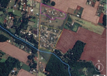 Área da gleba ocupada pela comunidade Arroio Dourado (marcada em amarelo). Foto: UNILA