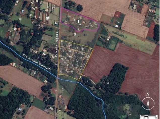 Área da gleba ocupada pela comunidade Arroio Dourado (marcada em amarelo). Foto: UNILA