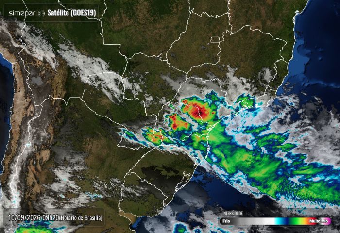 Foto der satélite mostra grande instabilidade sobre o Paraná inteiro. Foto: Simepar