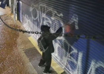 Flagrante de pichação na Avenida Brasil. Foto: PMFI